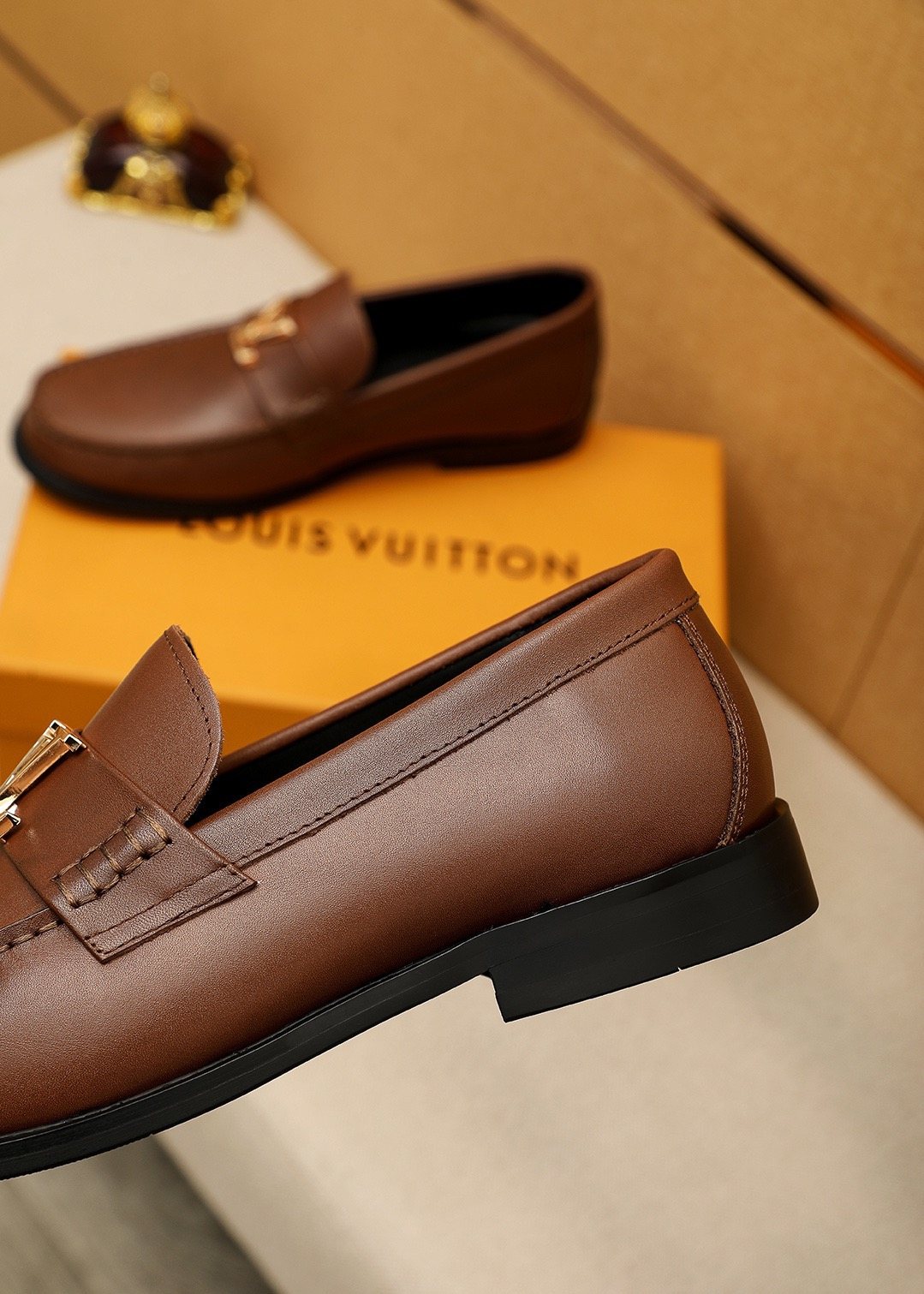 LOUIS VUITTON Brown Metal Hardware Loafers — detail
