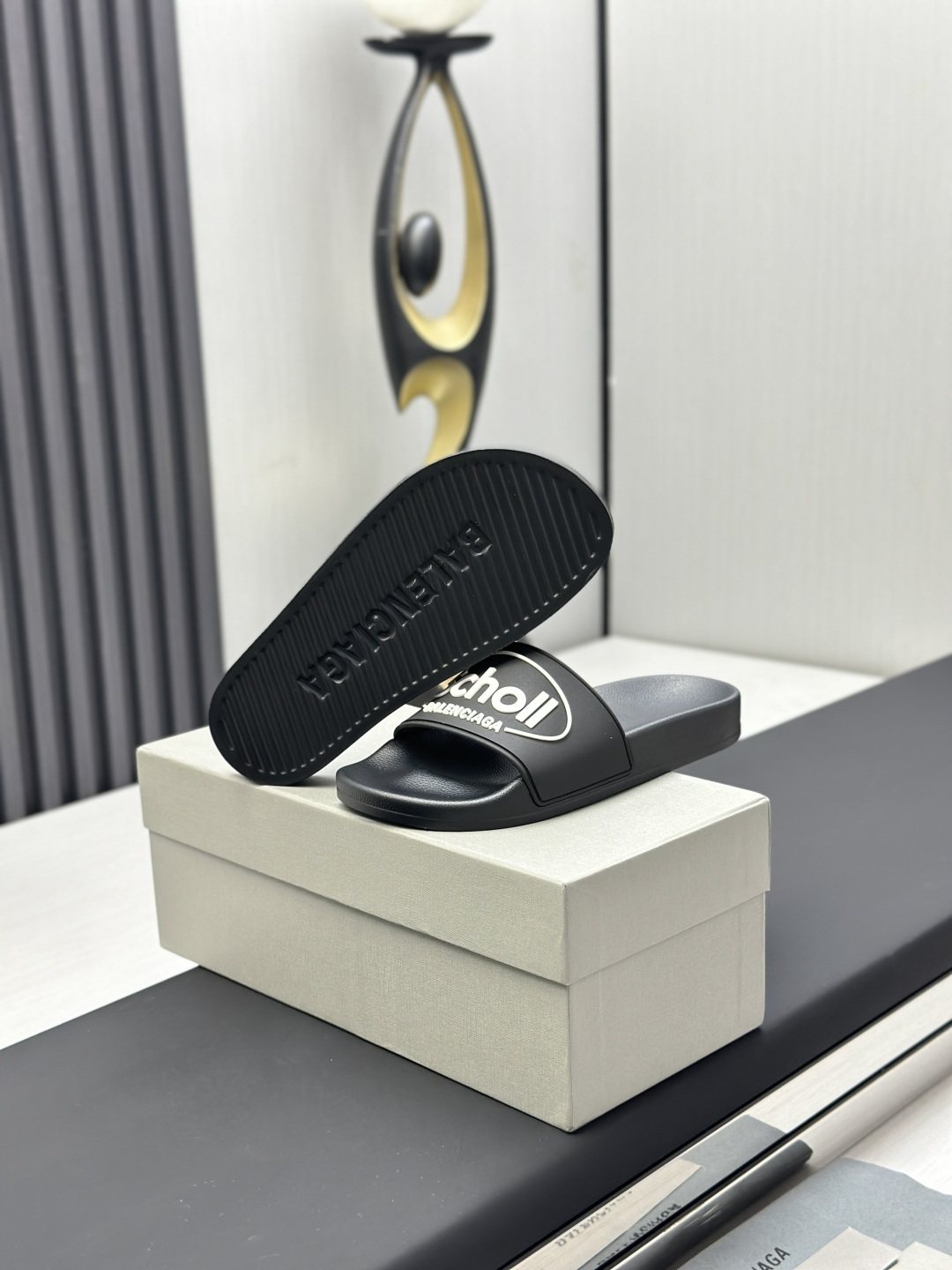 Black Logo Strap Slide Sandals — side