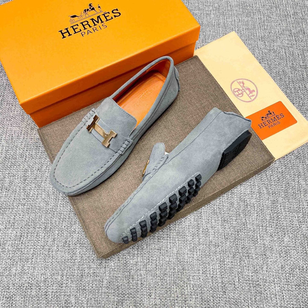 Hermès Light Gray Suede Driving Loafers — side