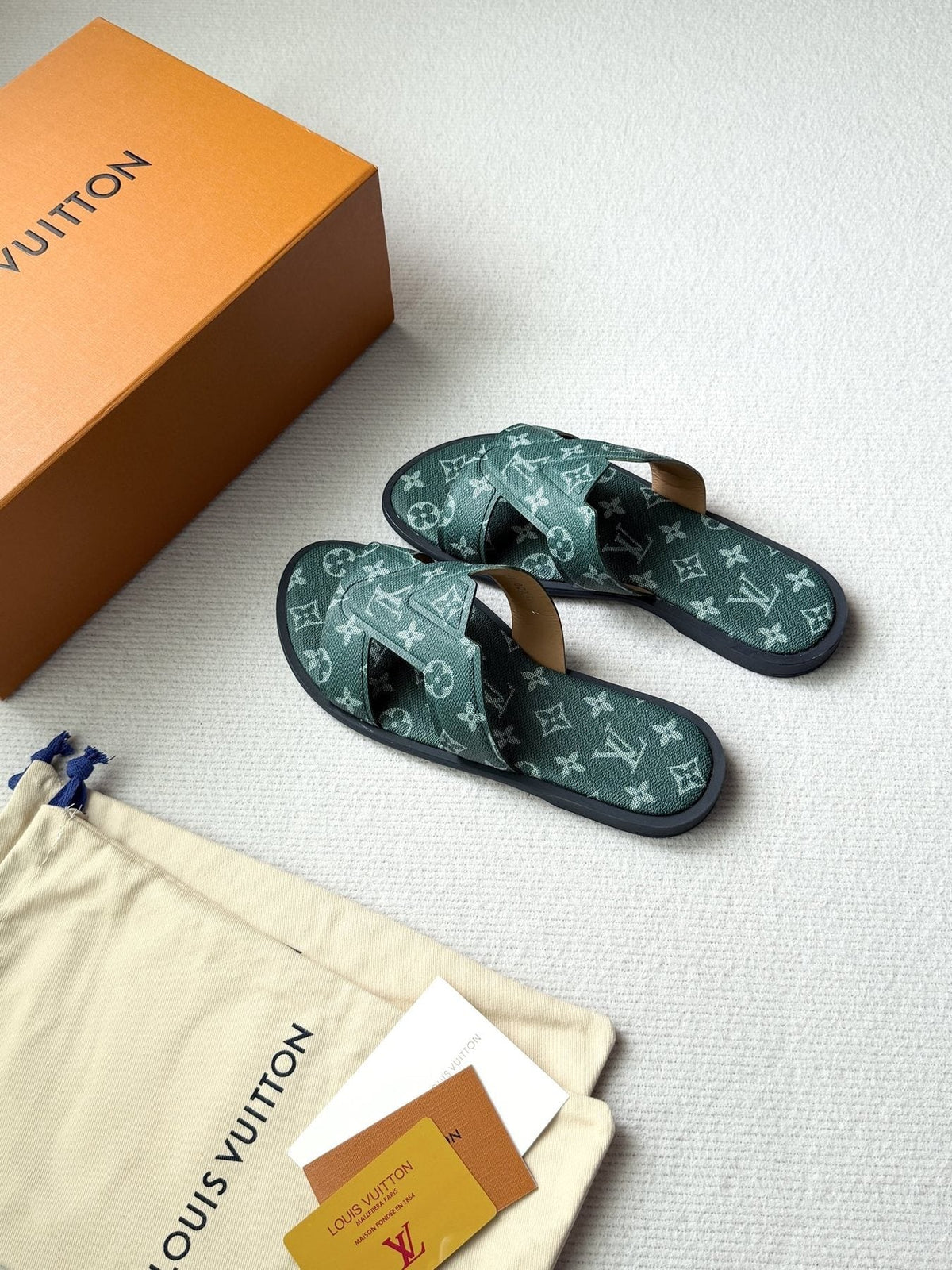 Louis Vuitton Dark Teal Monogram Slide Sandals — front