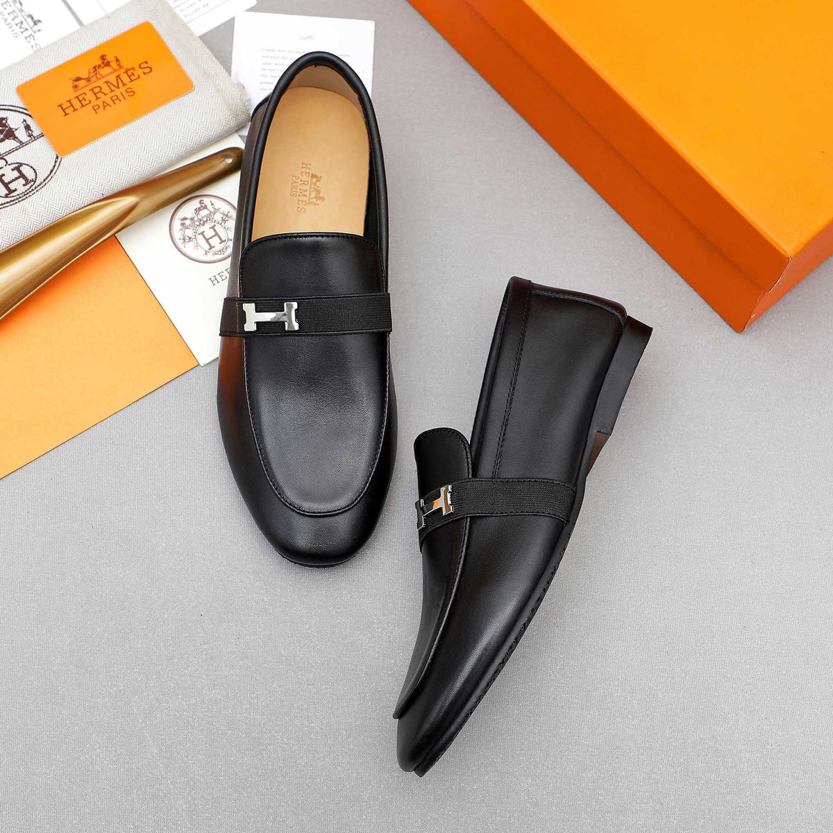 Hermès Black H-Hardware Slip-On Loafers — front