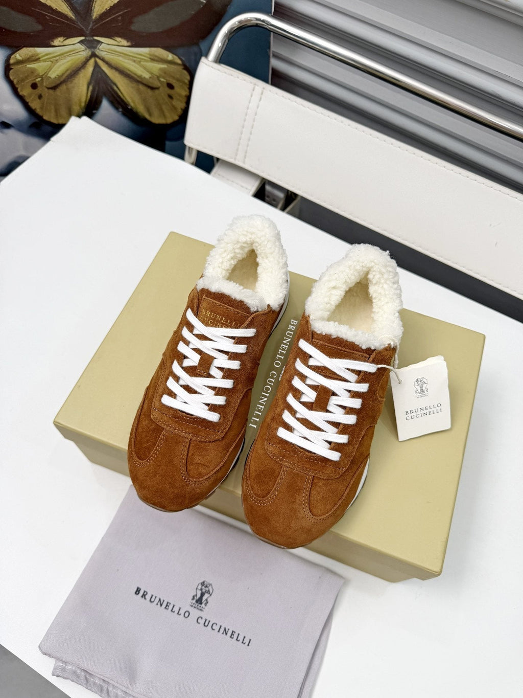 Brunello Cucinelli Brown Shearling-Trim Sneakers — hero