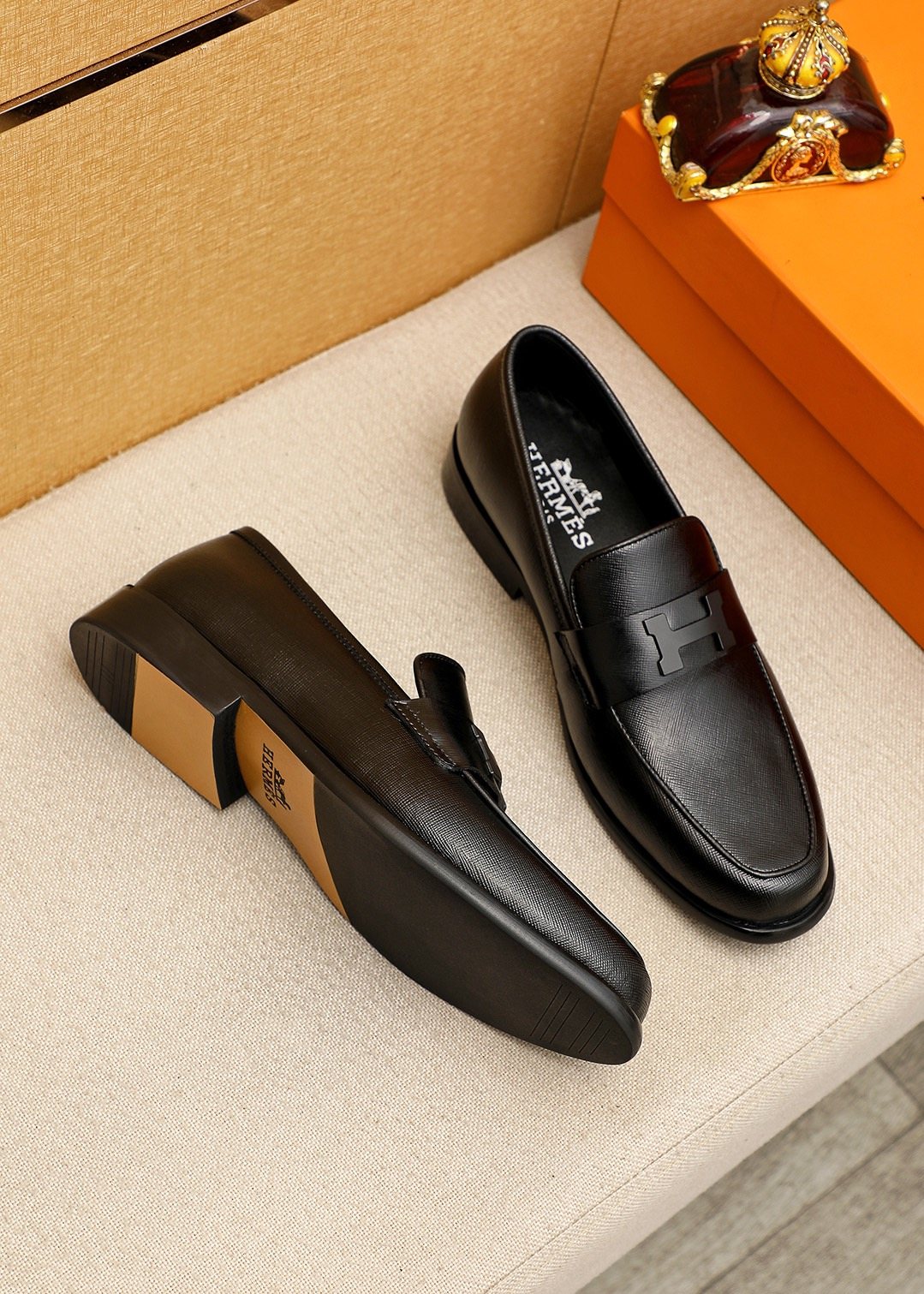 Hermès Black H-Strap Slip-On Loafers — front