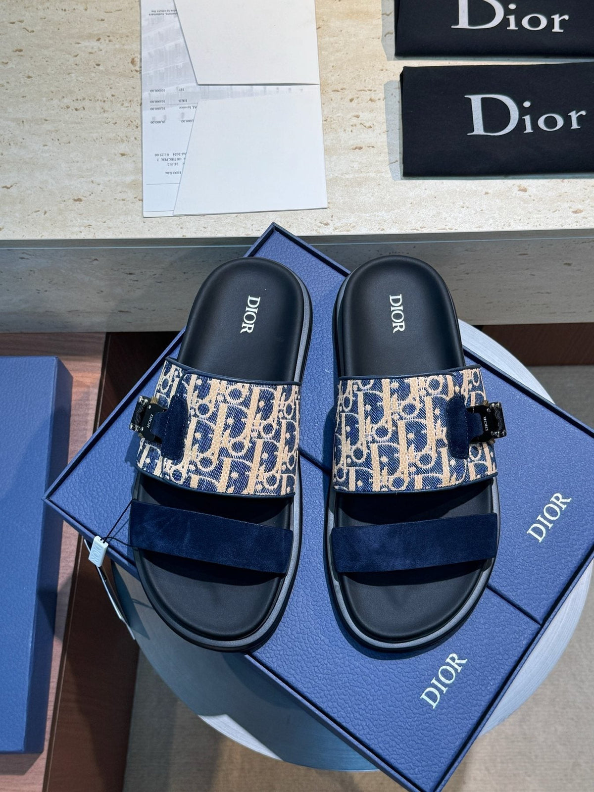 Dior Aqua Monogram Slide Sandals — front