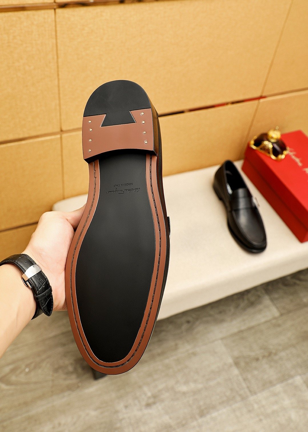 Ferragamo Leather Buckle Loafers — model