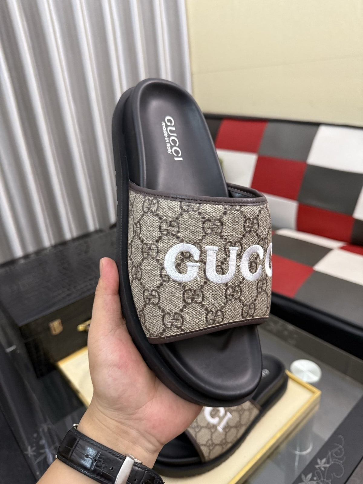 Gucci Logo Strap Slide Sandals — model
