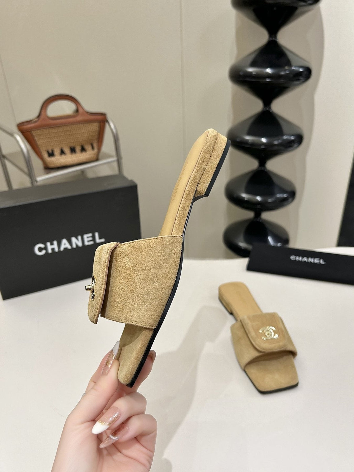 Chanel Square-Toe Emblem Slide Sandals — front